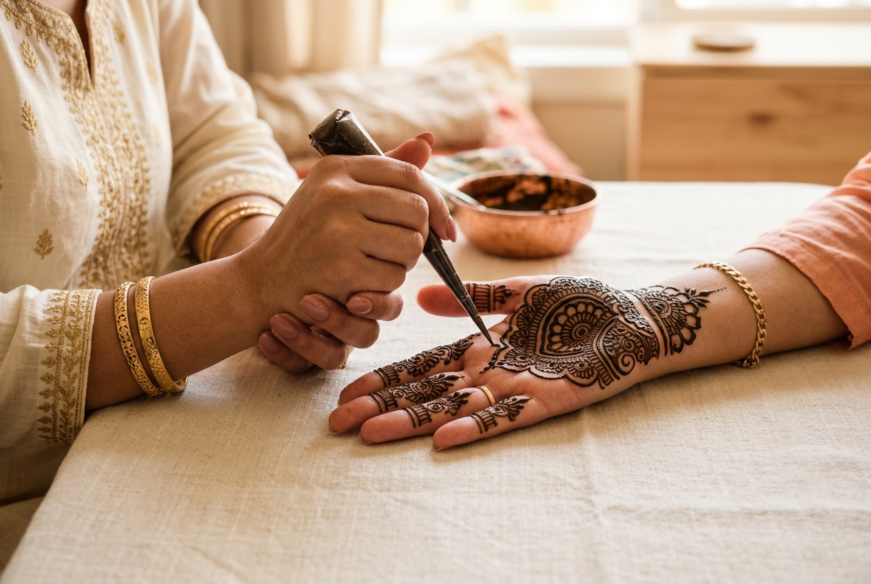 Artist applying fresh henna with a cone