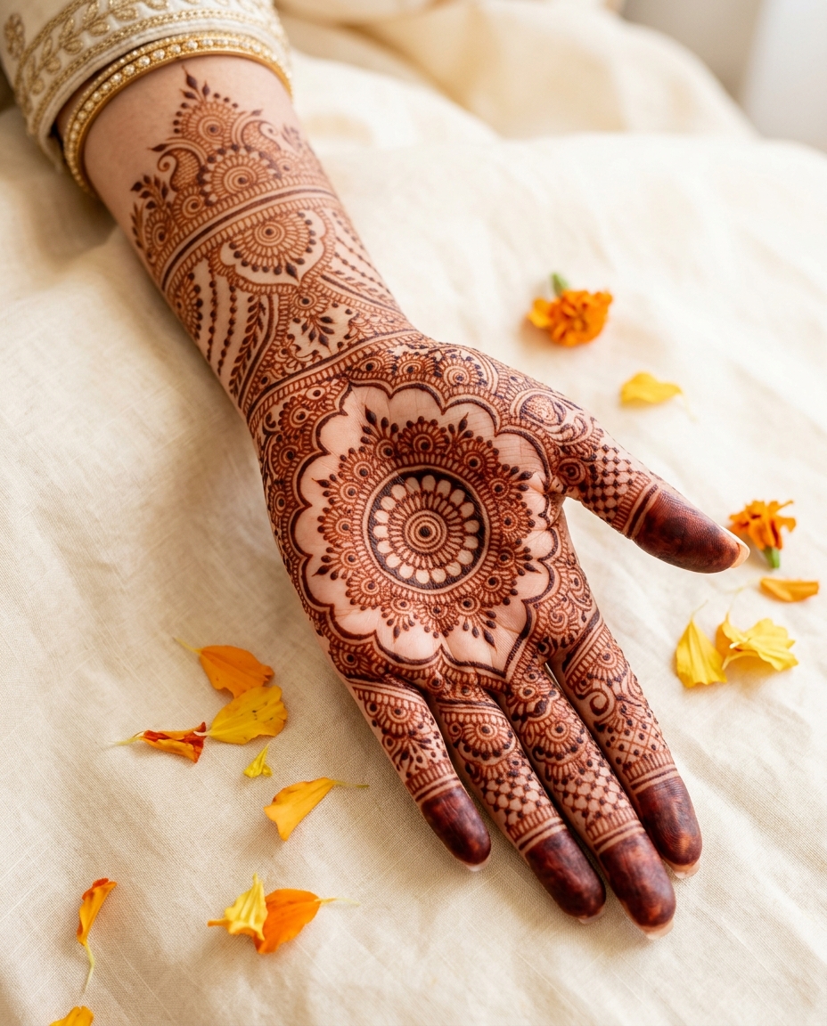 Bridal hand with intricate henna mandala design